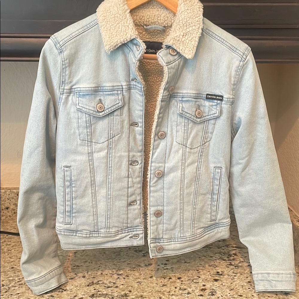 Calvin Klein Light Blue Jacket with Cream Sherpa Collar